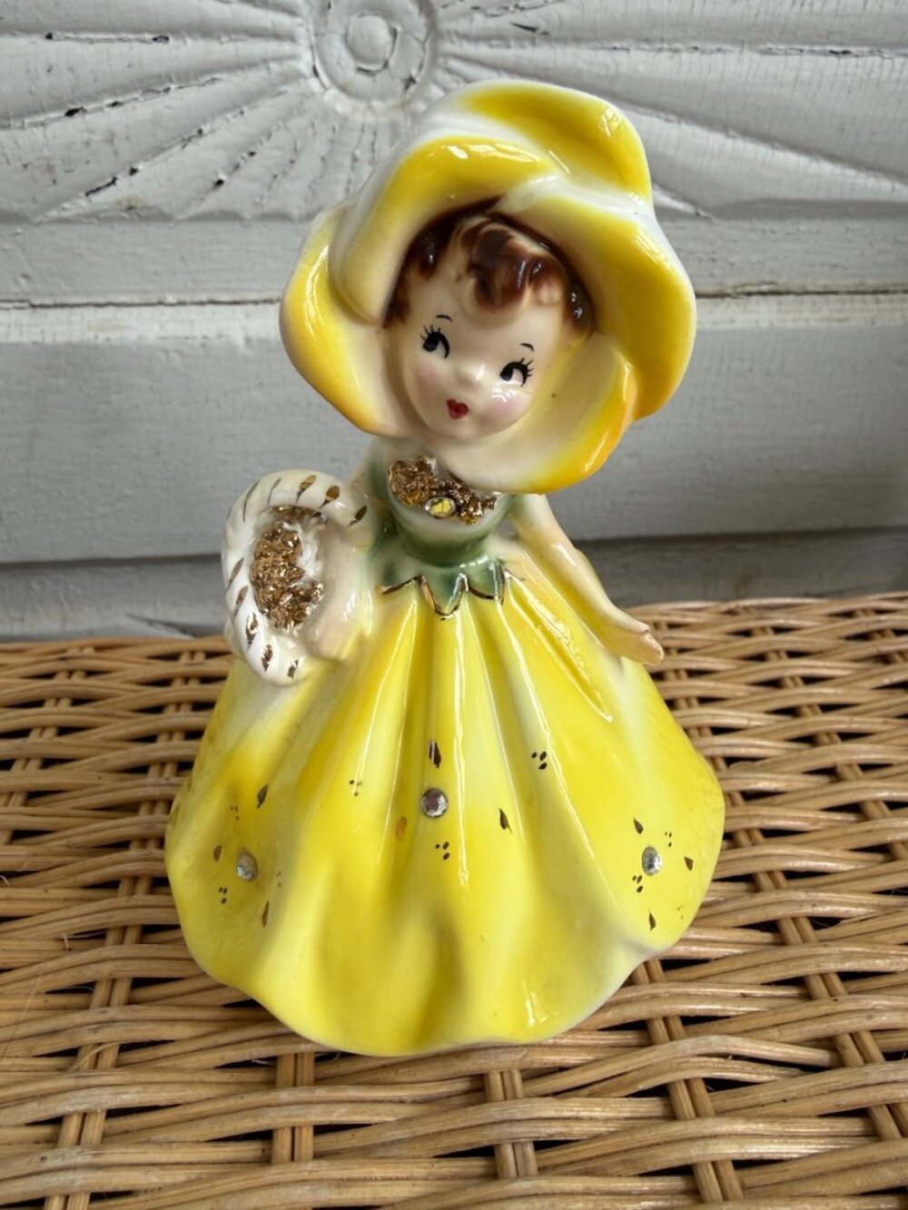 Vintage 50s Enesco Anthropomorphic Yellow Flower Girl Planter Rhinestones - Picture 4 of 9